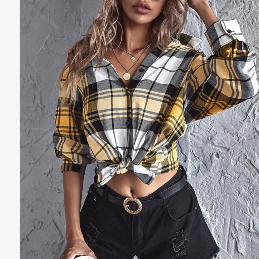 Elegant Plaid Check Button Up Boyfriend Shirt Top Blouse - Picture 4 of 17